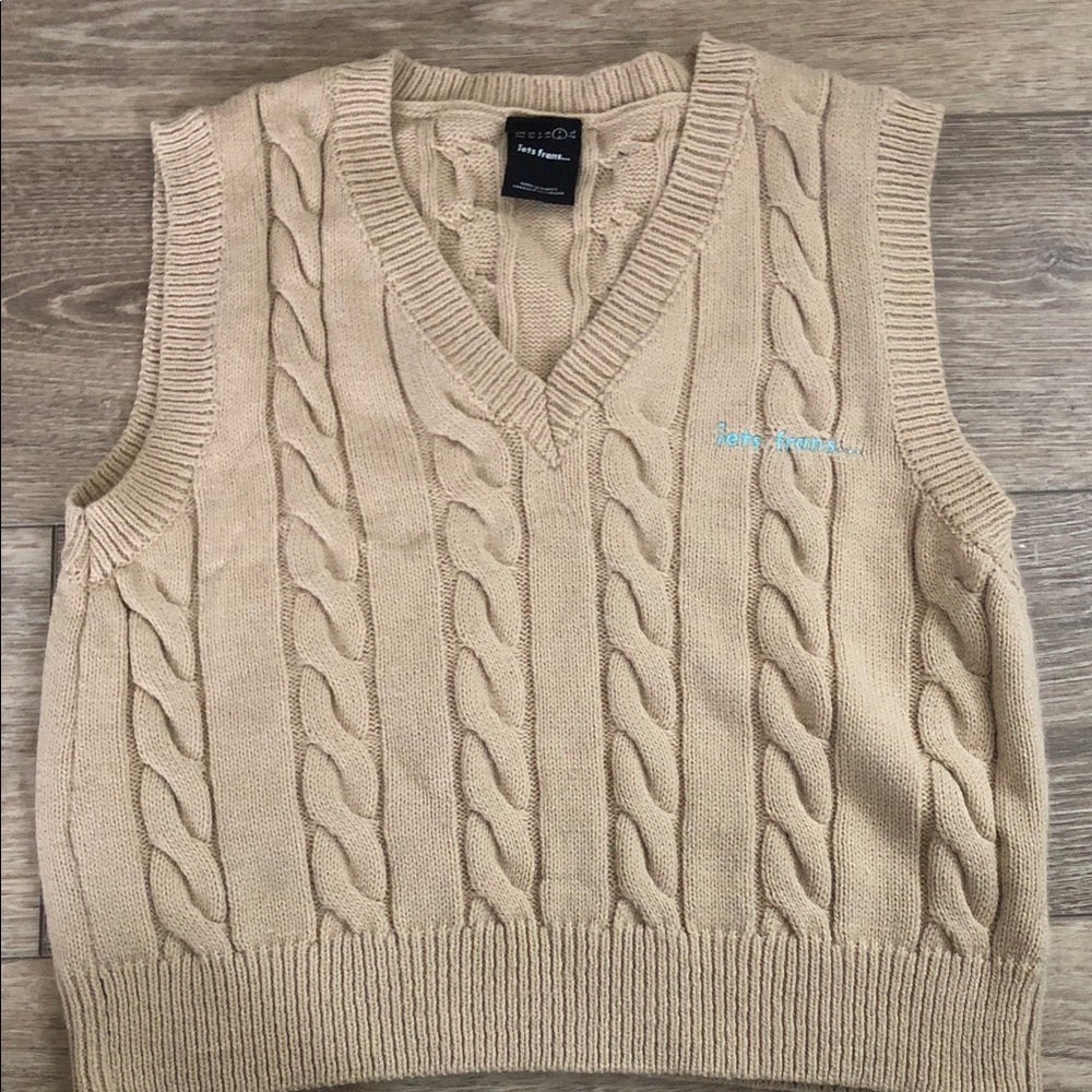 Urban outfitters iets Frans Beige Cable Knit Vest with Blue Embroidery